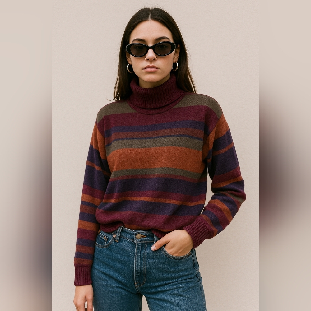 Dressbarn Maroon Multi Stripe Turtleneck Sweater M  Retro Colorblock Knit